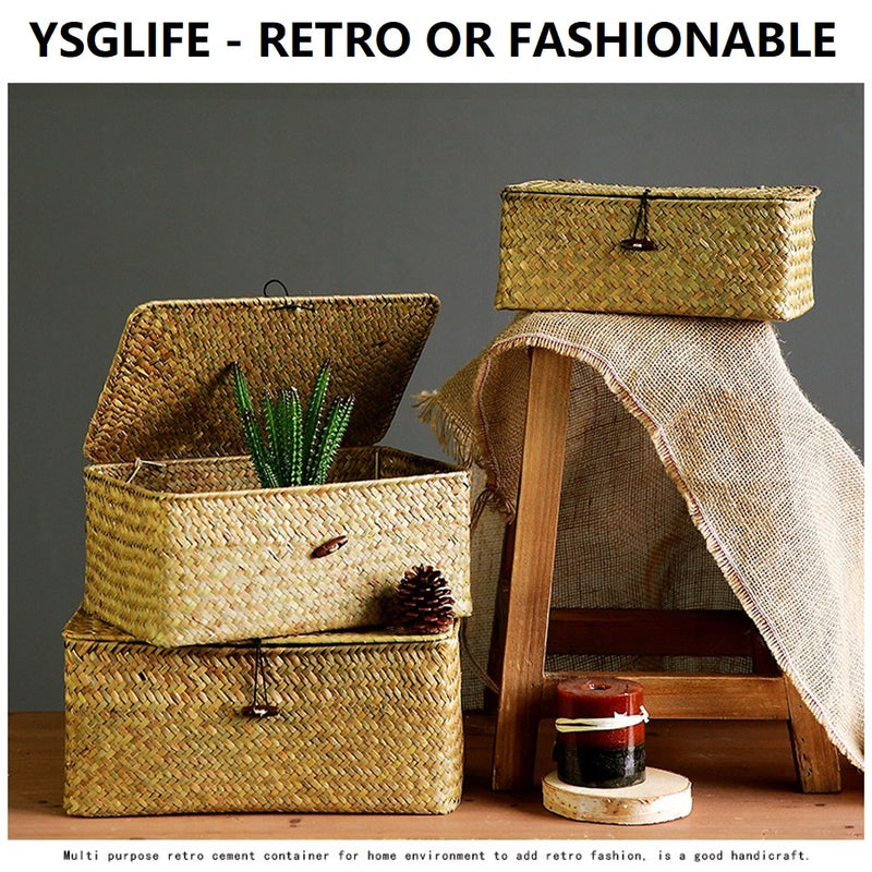 YSGLIFE Set of 3 Rectangular Storage Shelf Basket with Lid Seagrass Rattan Woven Multipurpose Organizer Boxes for Clothes, Makeup, Books and Shelves(Small/Medium/Large)